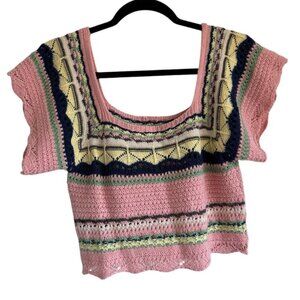 🩵POL Openwork Ethnic Pattern Square Neck Cropped Knit Top Size Small